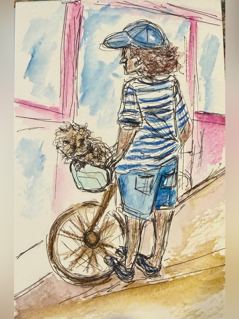 Hand painted scenes ftom paris Blue Striped Cyclist Watercolor Home Art